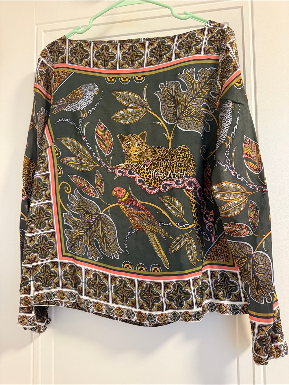 J. Crew Olive Green Printed Long-Sleeve Blouse with Animal Motif